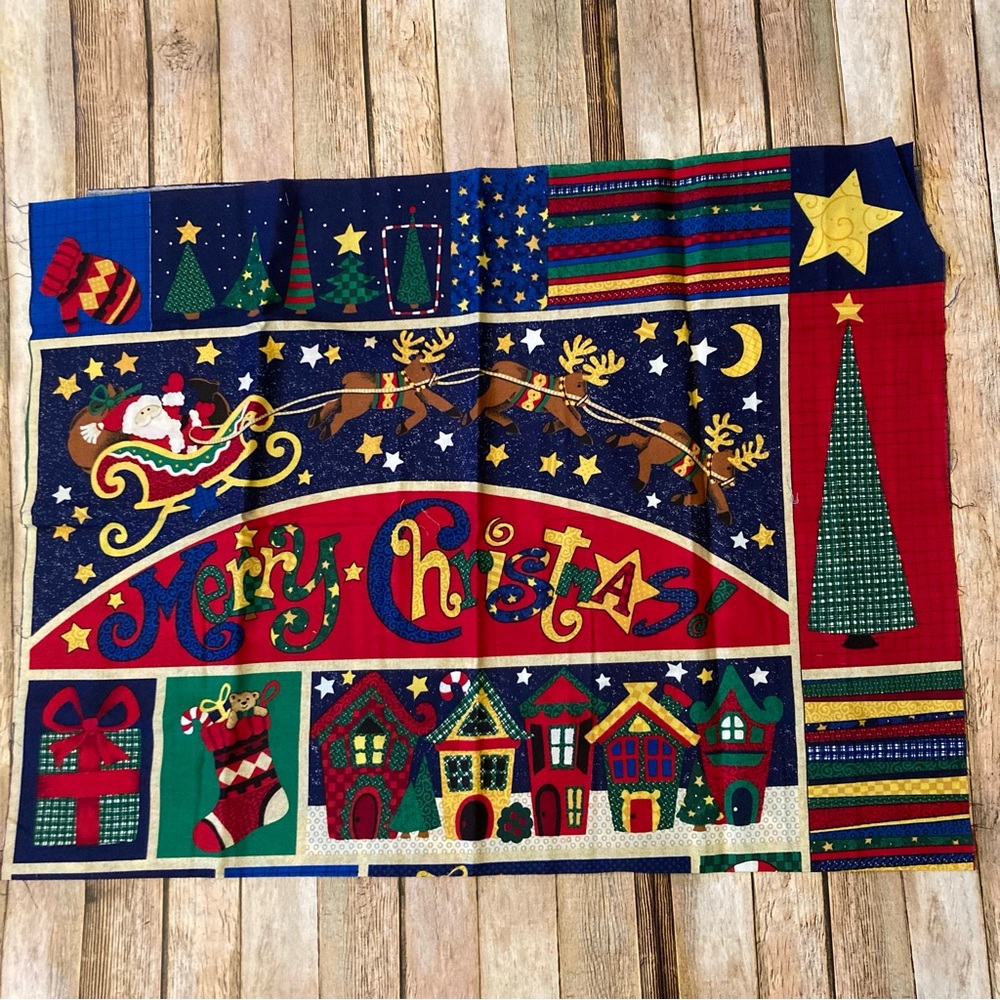 Colorful Holiday Fabric Panel with Santa and Reindeer New 30” X 44”